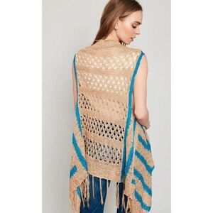 New NWT Hayden LA Beige Blue Poncho Striped‎ Fringe Knit Cardigan Boho Sz S M